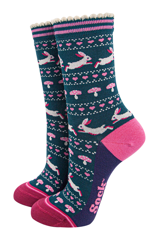 womens-bamboo-socks-forest-green-navy-blue-rabbit-and-toadstools-fair-isle