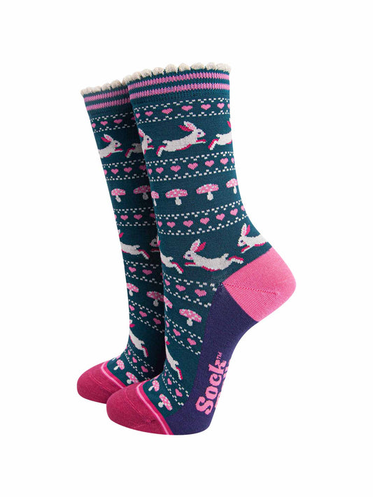 womens-bamboo-socks-forest-green-navy-blue-rabbit-and-toadstools-fair-isle