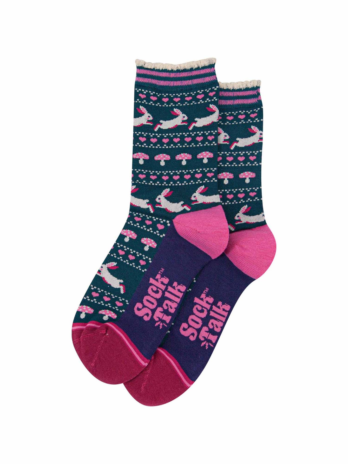 womens-bamboo-socks-forest-green-navy-blue-rabbit-and-toadstools-laying-flat