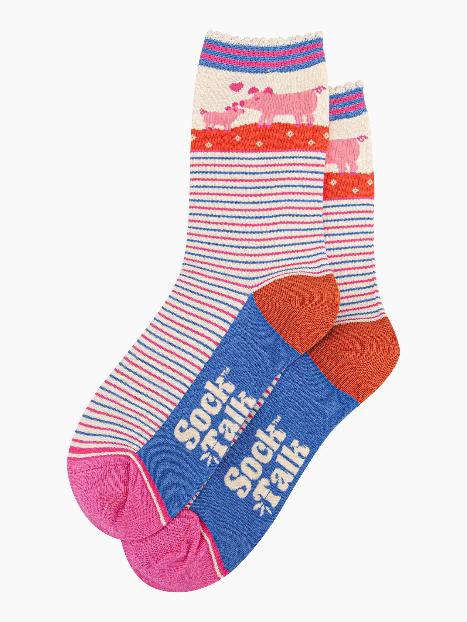 the pair of striped pig and piglet socks laying flat, one on top of the other. showing clearly the alternating pink and blue pinstripe pattern on the body of the socks. the pig and piglet feature on the ankle part of the design.