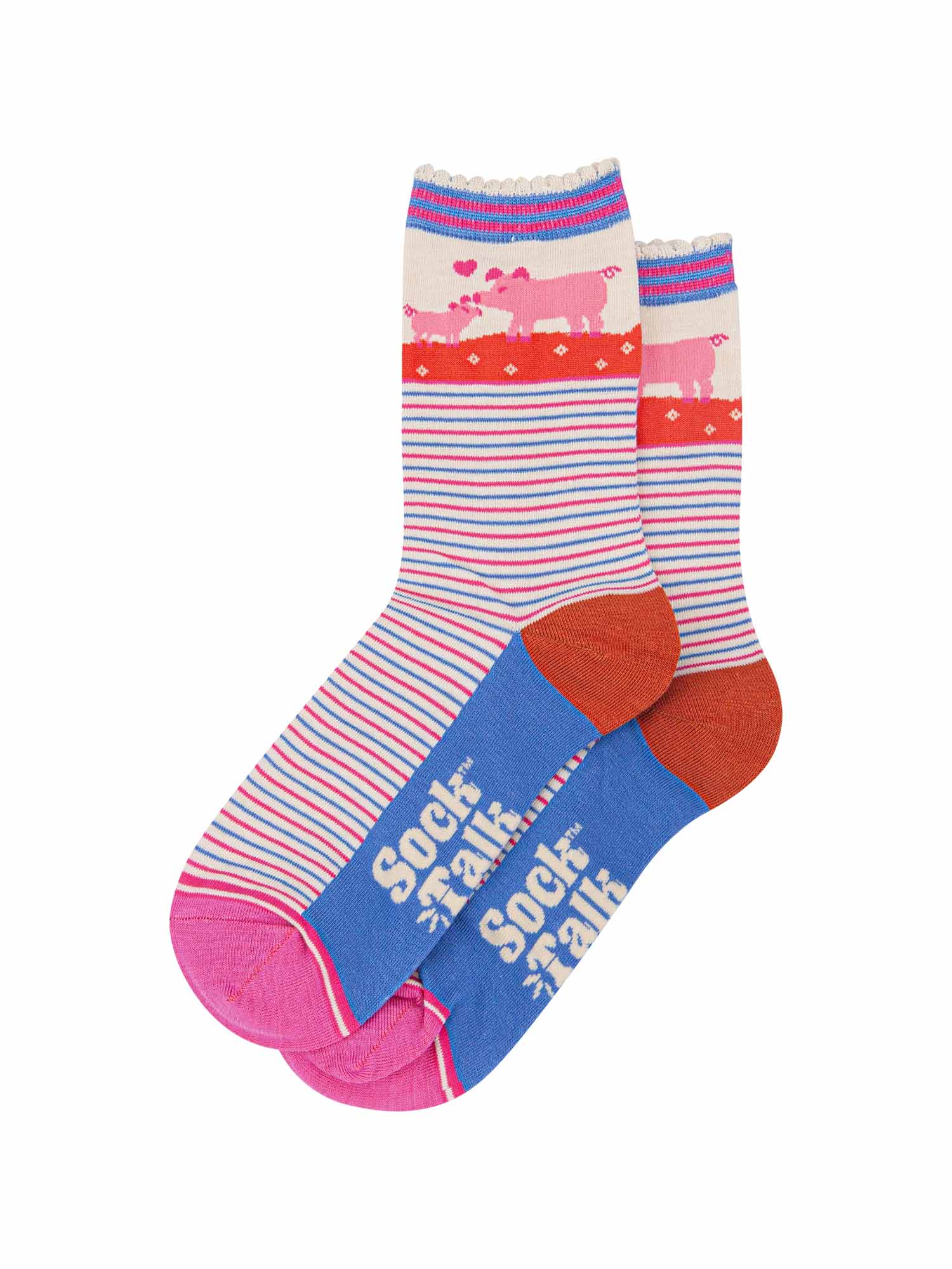 the pair of striped pig and piglet socks laying flat, one on top of the other. showing clearly the alternating pink and blue pinstripe pattern on the body of the socks. the pig and piglet feature on the ankle part of the design.