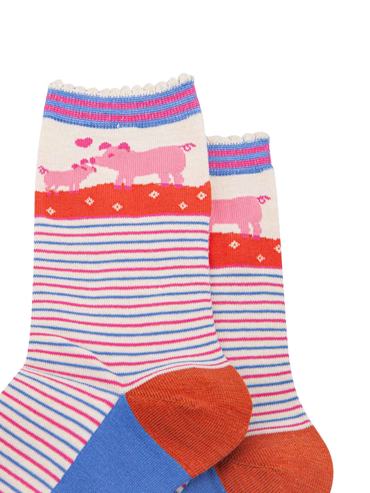 close up of the pattern, the ankle part of the socks features a pink mother pig nuzzling her baby piglet. between the pigs is a pink love heart. the cuff of the socks is scalloped and has a pink and blue stiped pattern.
