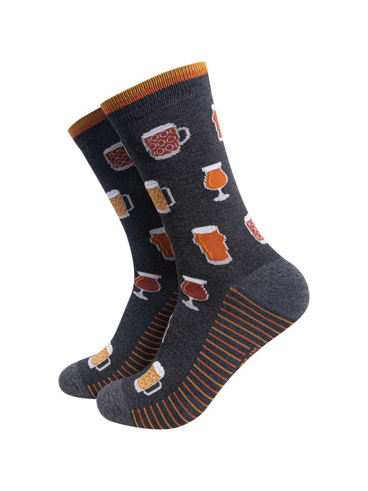 Pints-of-Beer-Men's-Bamboo-Socks-in-Dark-Grey-Marl-On-Mannequin