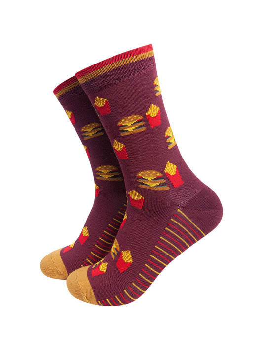 Burger-&-Fries-Men's-Bamboo-Socks-in-Burgundy-On-Mannequin