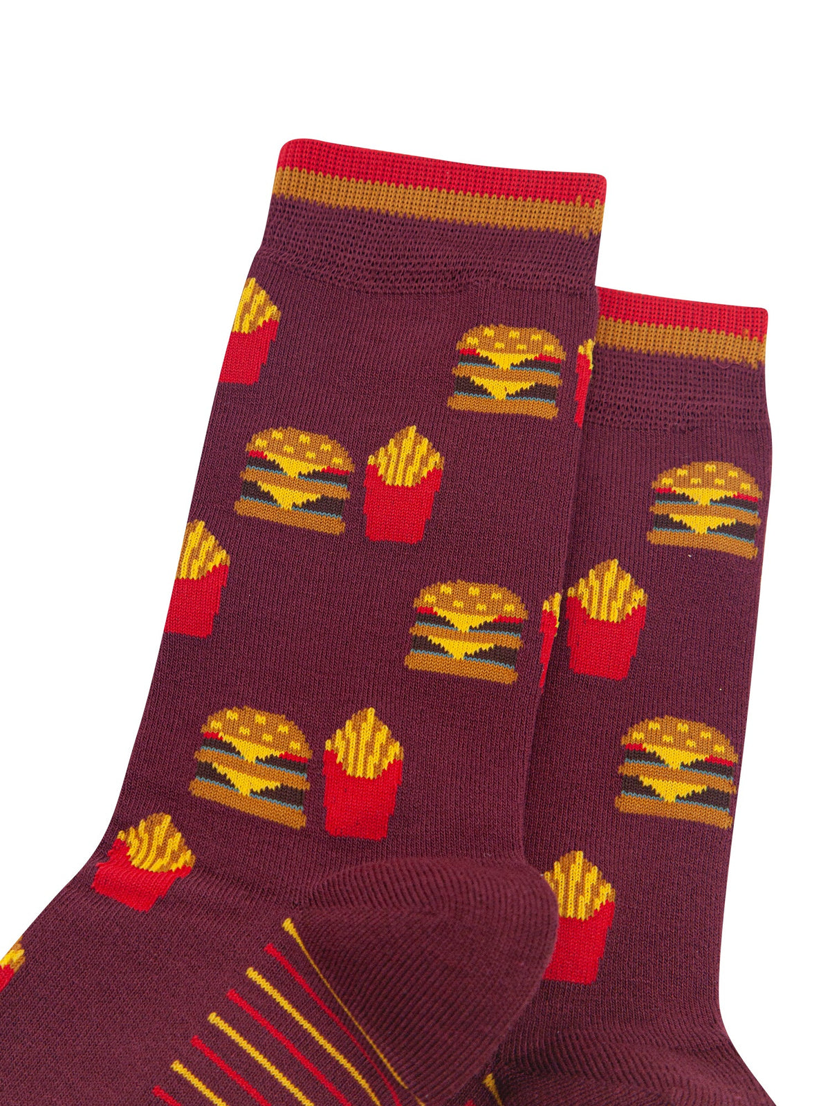 Burger-&-Fries-Men's-Bamboo-Socks-in-Burgundy-Close-Up
