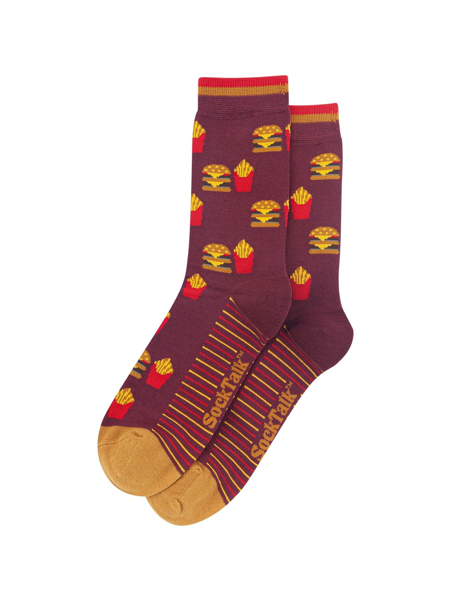 Burger-&-Fries-Men's-Bamboo-Socks-in-Burgundy-Laid-Flat