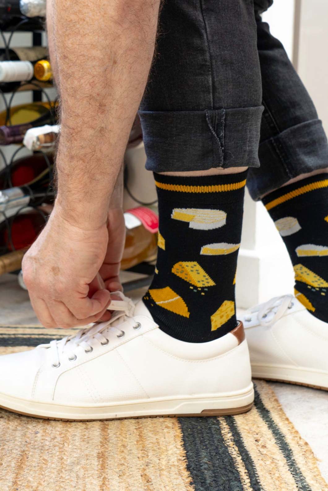 cheese-print-bamboo-socks-in-black-and-yellow