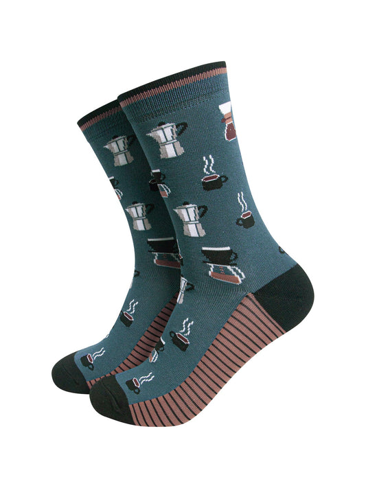 Barista-Coffee-Men's-Bamboo-Socks-in-Teal-Green-On-Mannequin