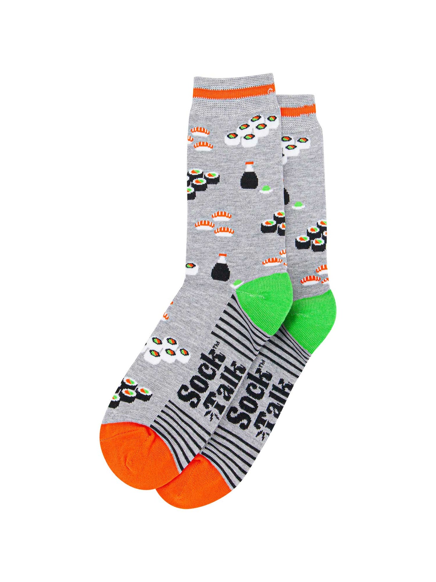 mens-bamboo-socks-light-grey-orange-sushi-laying-flat
