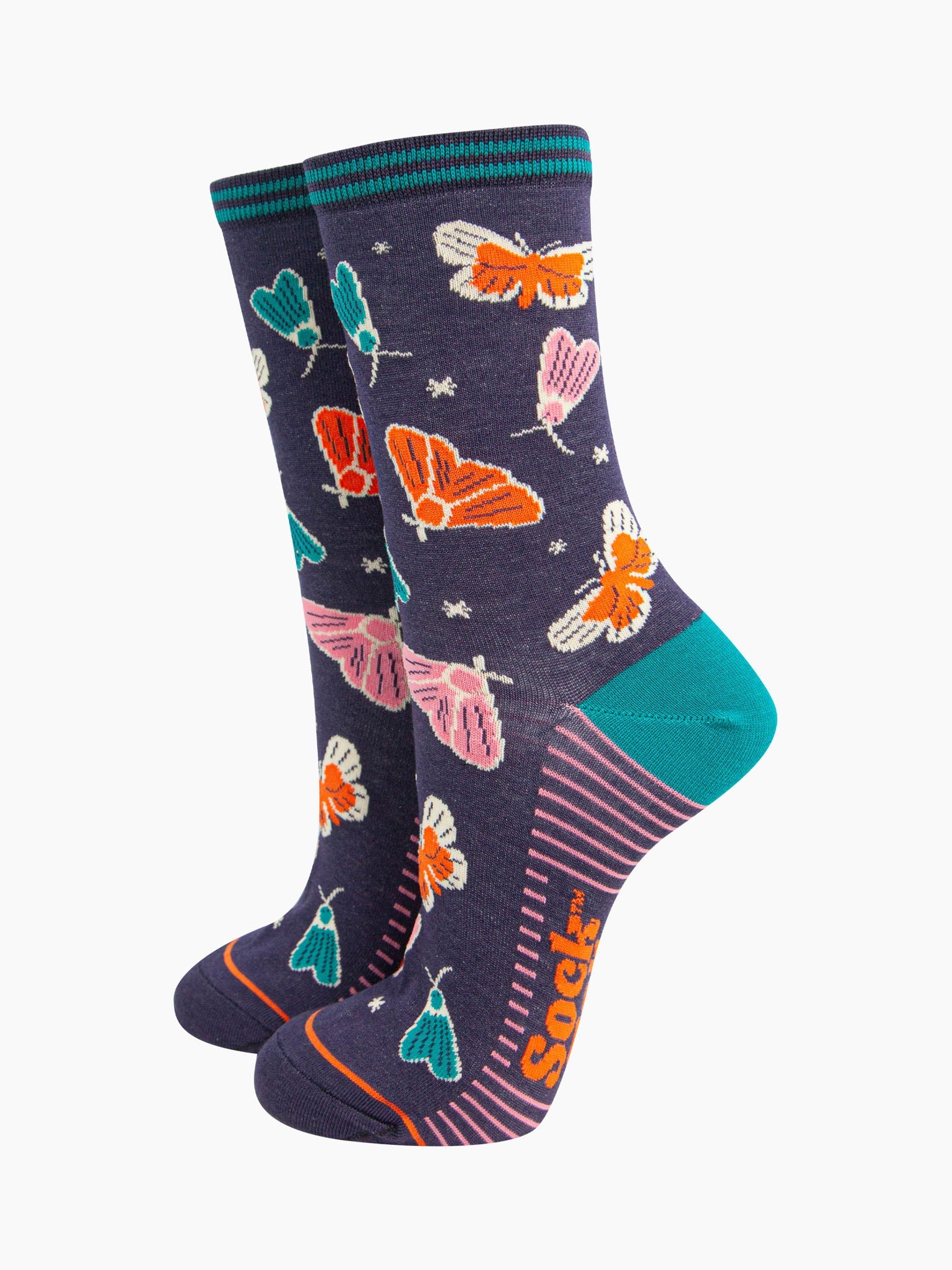 womens-bamboo-socks-navy-moths-and-stars-colourful-flying-insects