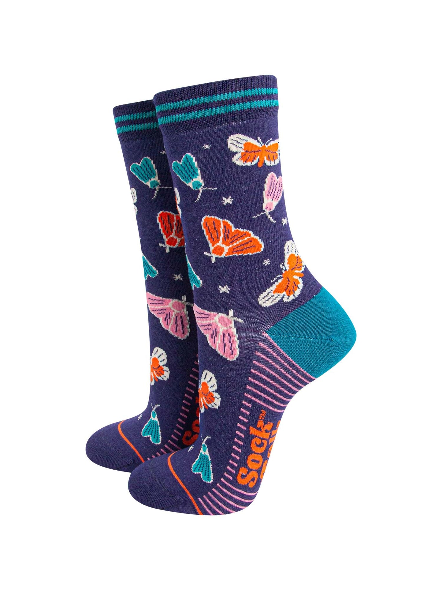 womens-bamboo-socks-navy-moths-and-stars-colourful-flying-insects