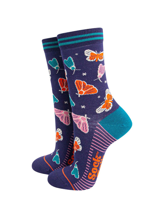 womens-bamboo-socks-navy-moths-and-stars-colourful-flying-insects