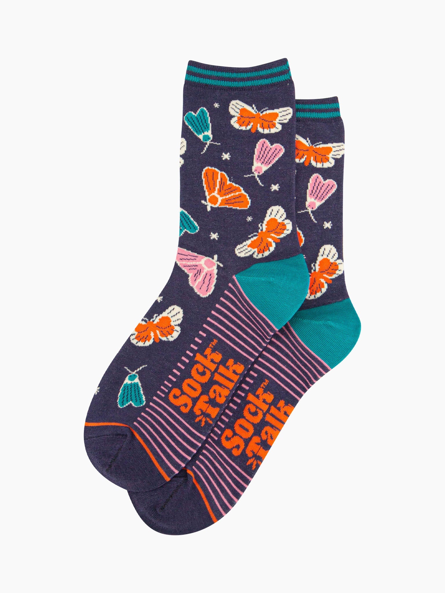 womens-bamboo-socks-navy-moths-and-stars-laying-flat-colourful-design