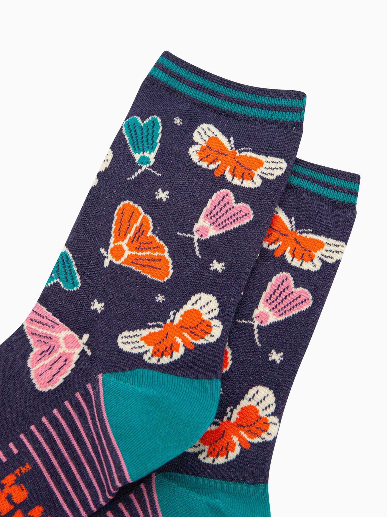 womens-bamboo-socks-navy-moths-and-stars-close-up-colourful-insects-contrast-navy-blue-night-sky-small-stars