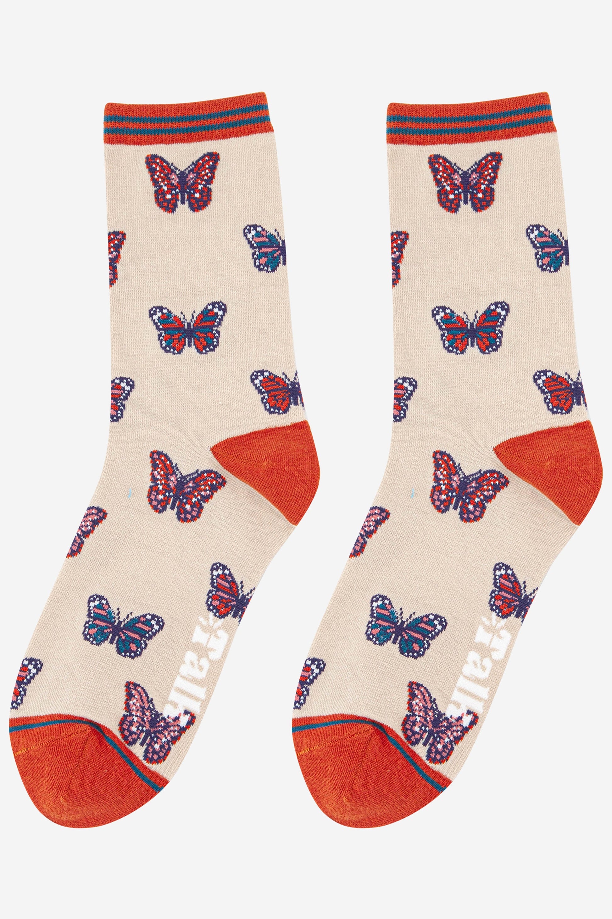 womens-bamboo-socks-cream-orange-butterfly-laying-flat