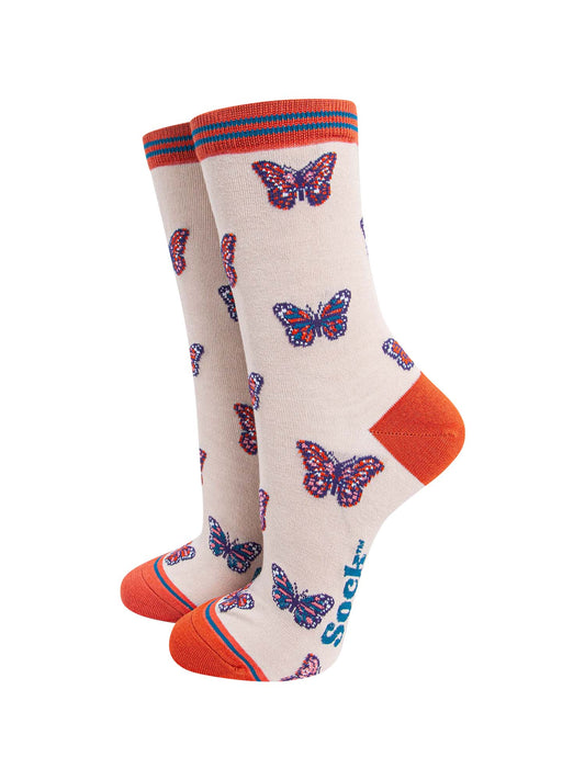 Butterfly Bamboo Socks in Cream/Orange