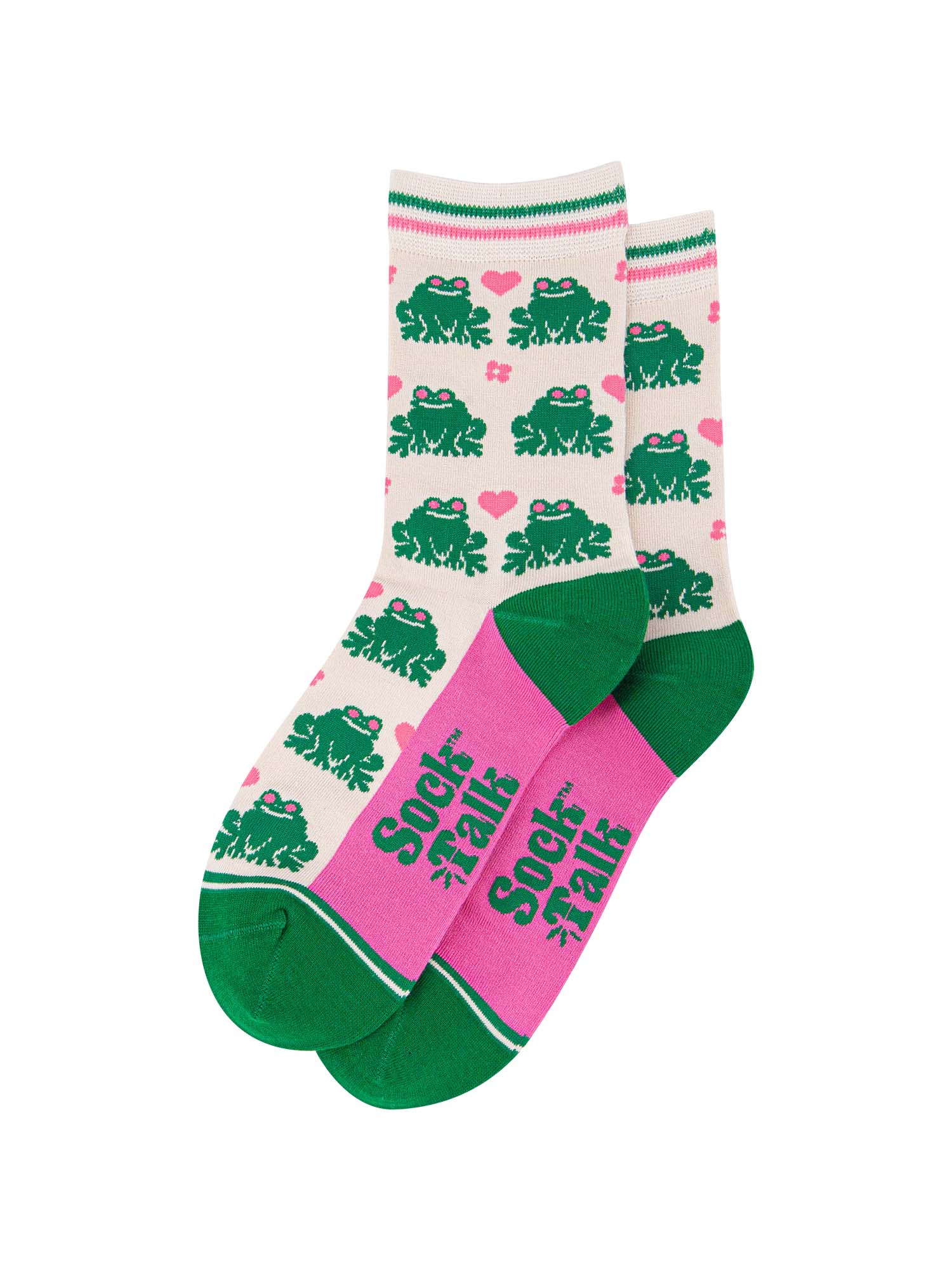 womens-bamboo-socks-cream-frog-love-heart-laying-flat-showing-the-all-over-pattern