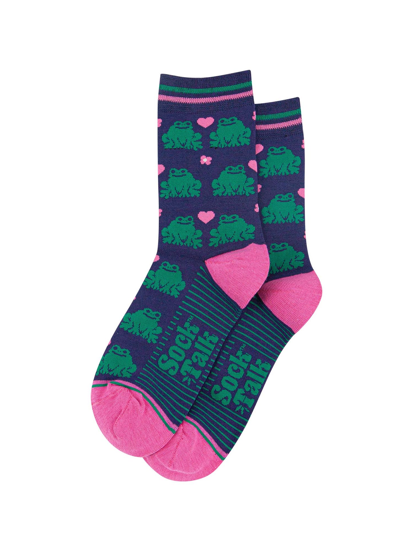 womens-bamboo-socks-navy-blue-pink-frogs-laying-flat