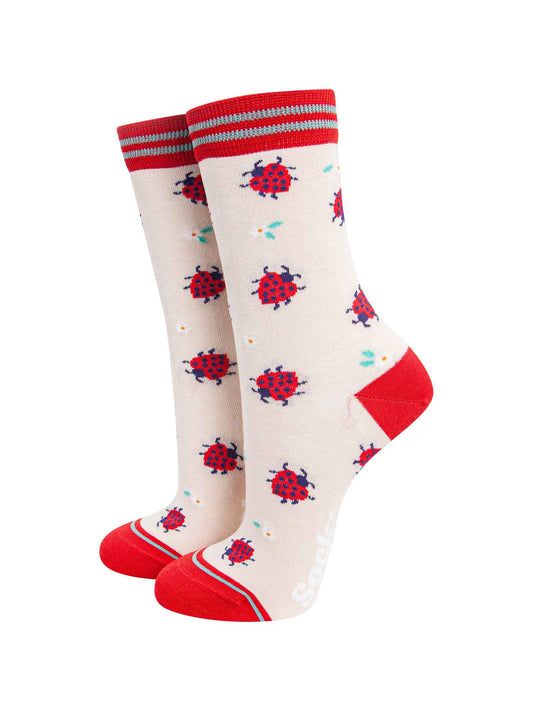 cream and red ankle socks featuring love heart shaped ladybirds and flowers
