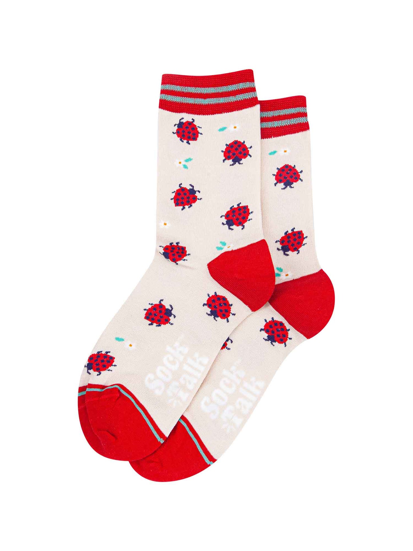 cream and red bamboo socks featuring ladybirds and flowers
