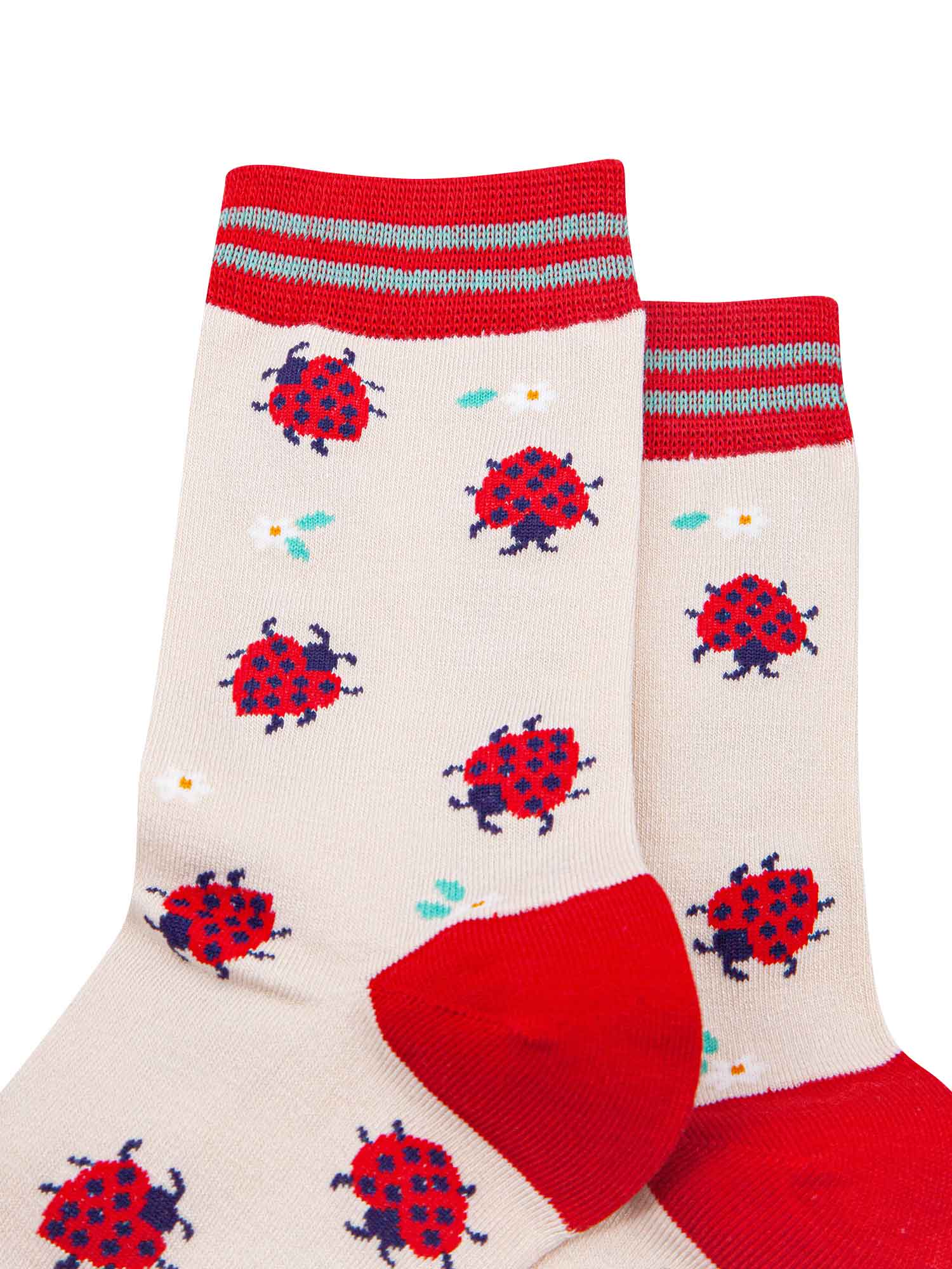 close up of the red ladybug pattern on the bamboo ankle socks