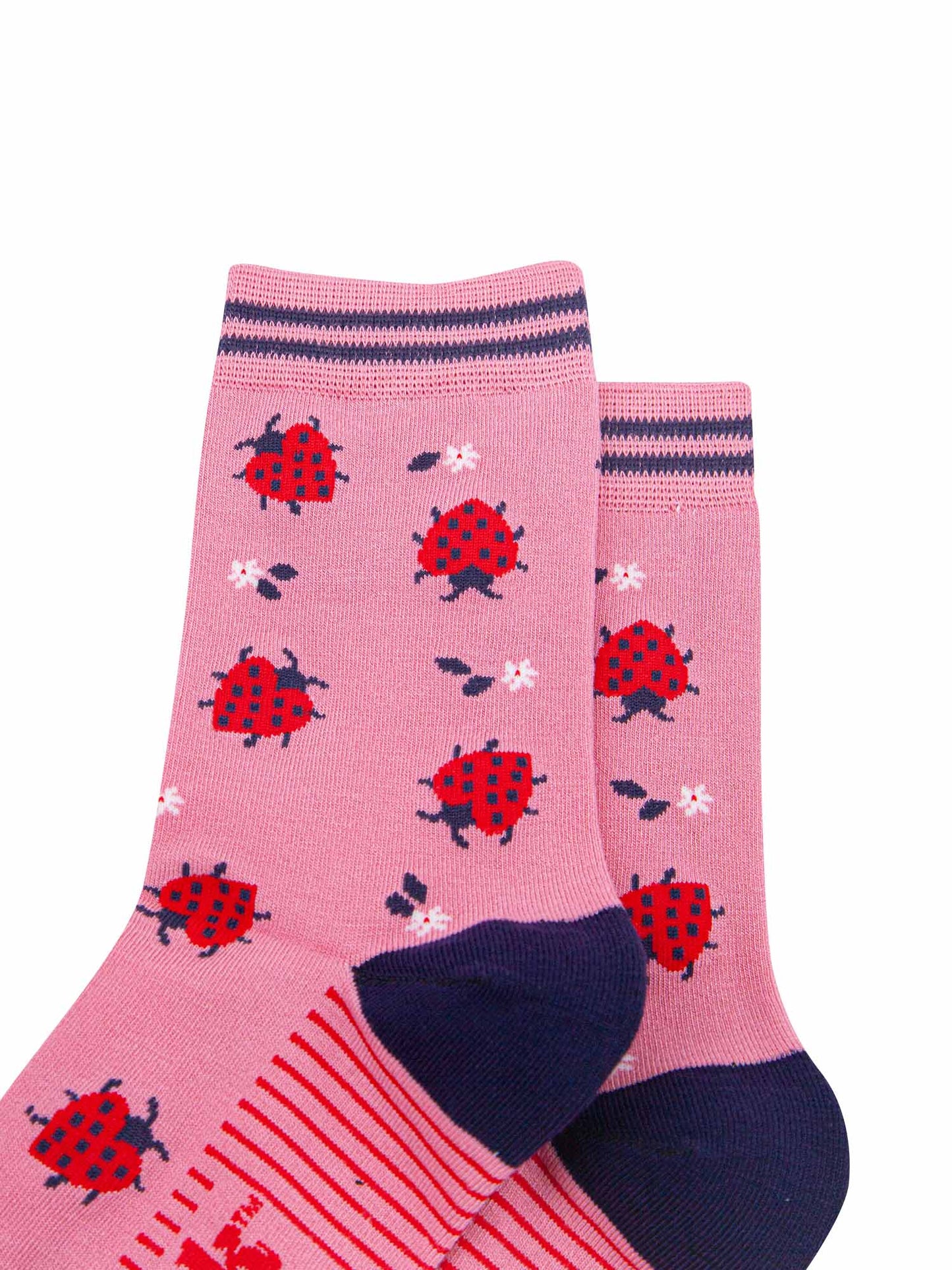 womens-bamboo-socks-pink-ladybird-close-up-red-love-heart-shaped-ladybirds-dainty-white-flowers-navy-striped-cuff