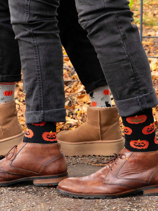 pumpkin-print-bamboo-socks-inblack-and-orange-pumpkin-and-cat-print-bamboo-socks-in-grey-and-orange