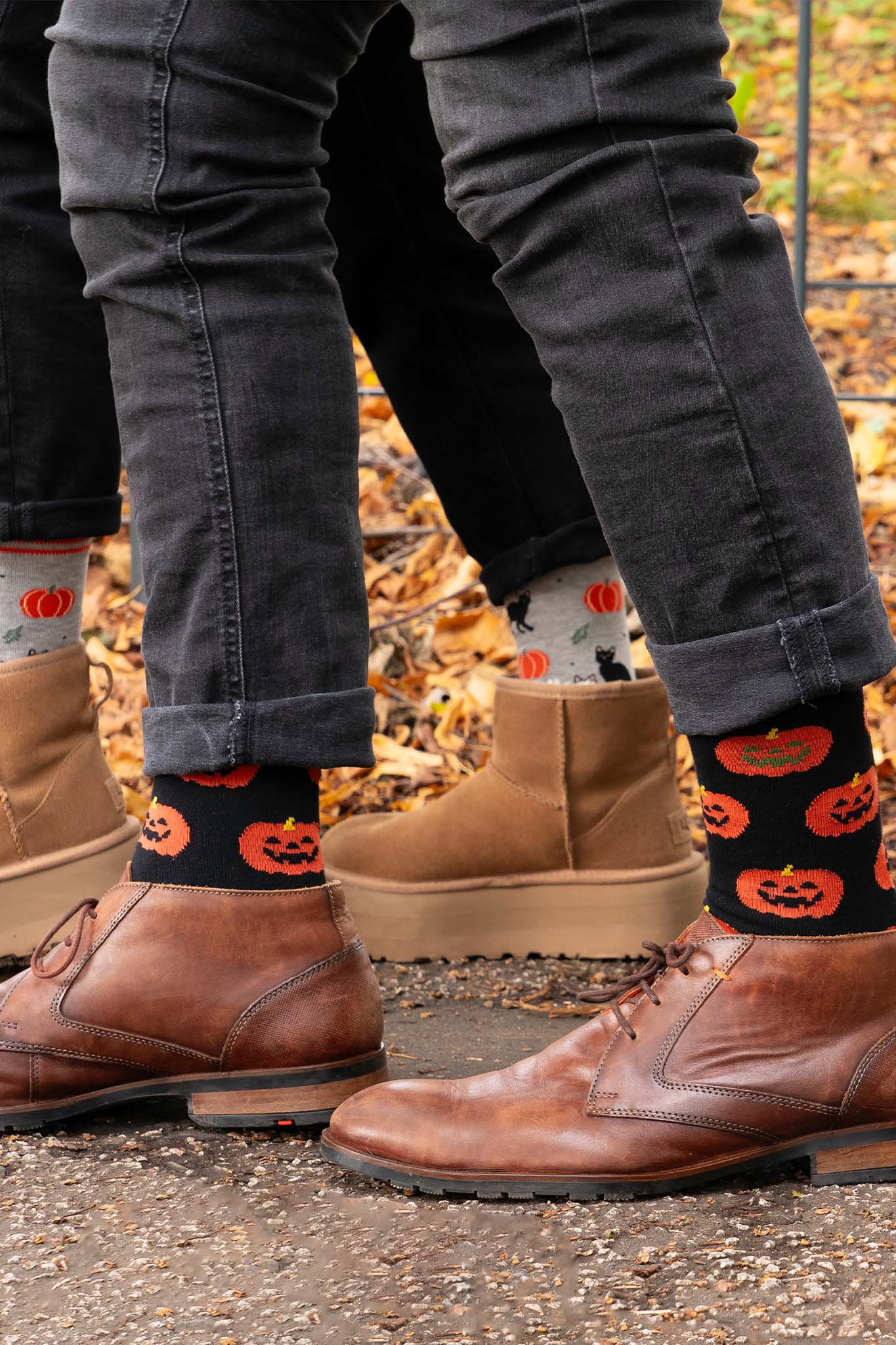 pumpkin-print-bamboo-socks-inblack-and-orange-pumpkin-and-cat-print-bamboo-socks-in-grey-and-orange