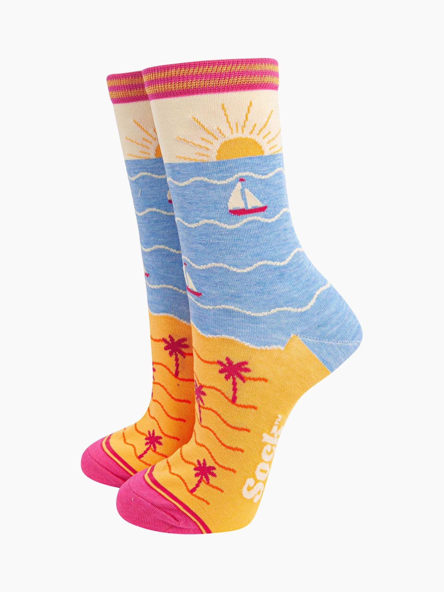 womens-bamboo-socks-cream-blue-beach-sunset-pattern-sandy-beach-seaside-setting-sun