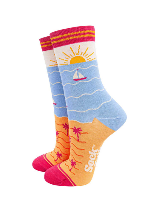 womens-bamboo-socks-cream-blue-beach-sunset-pattern-sandy-beach-seaside-setting-sun