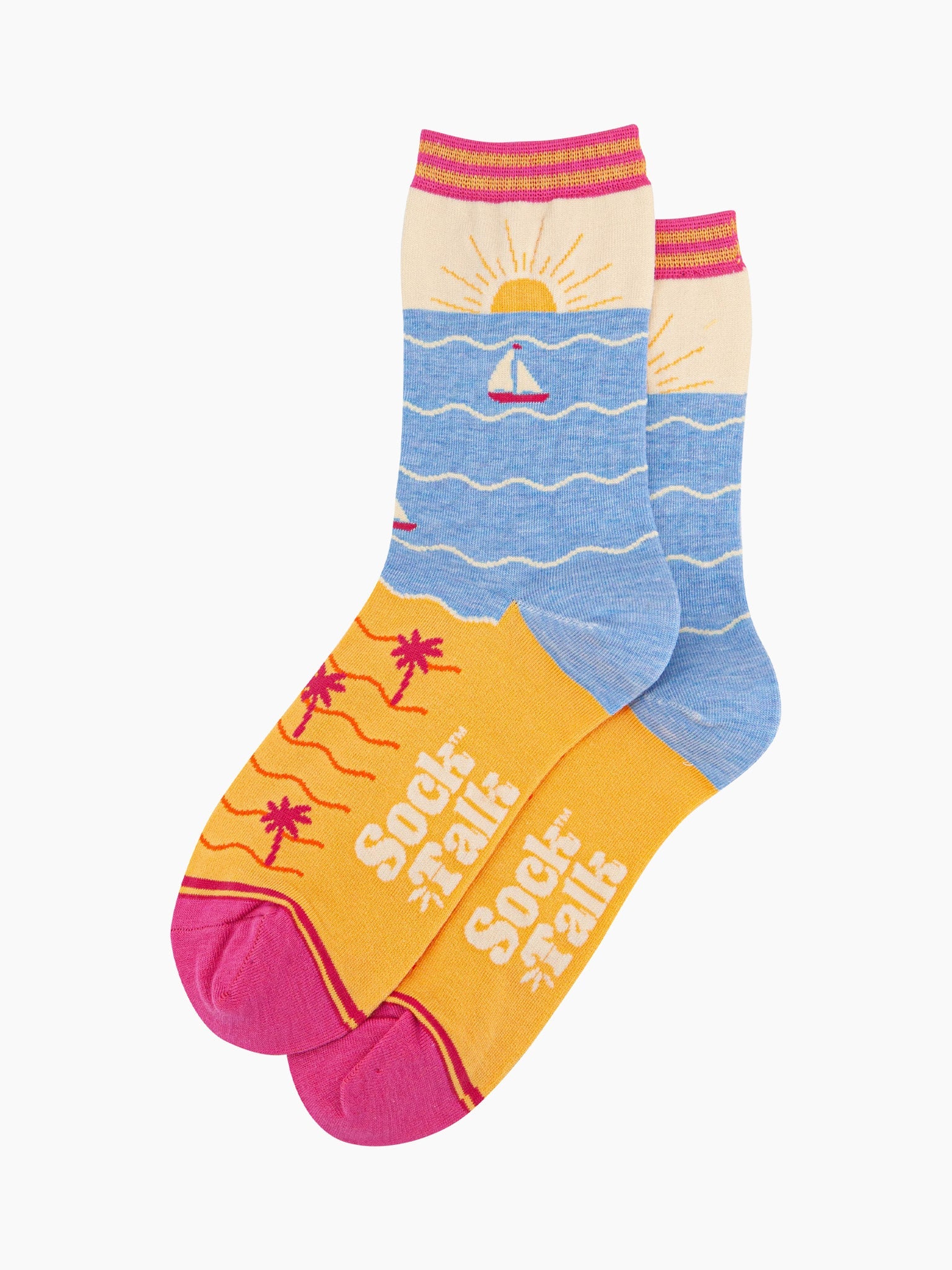 womens-bamboo-socks-cream-blue-beach-sunset-laying-flat-sunset-beach-pattern-covers-the-whole-design