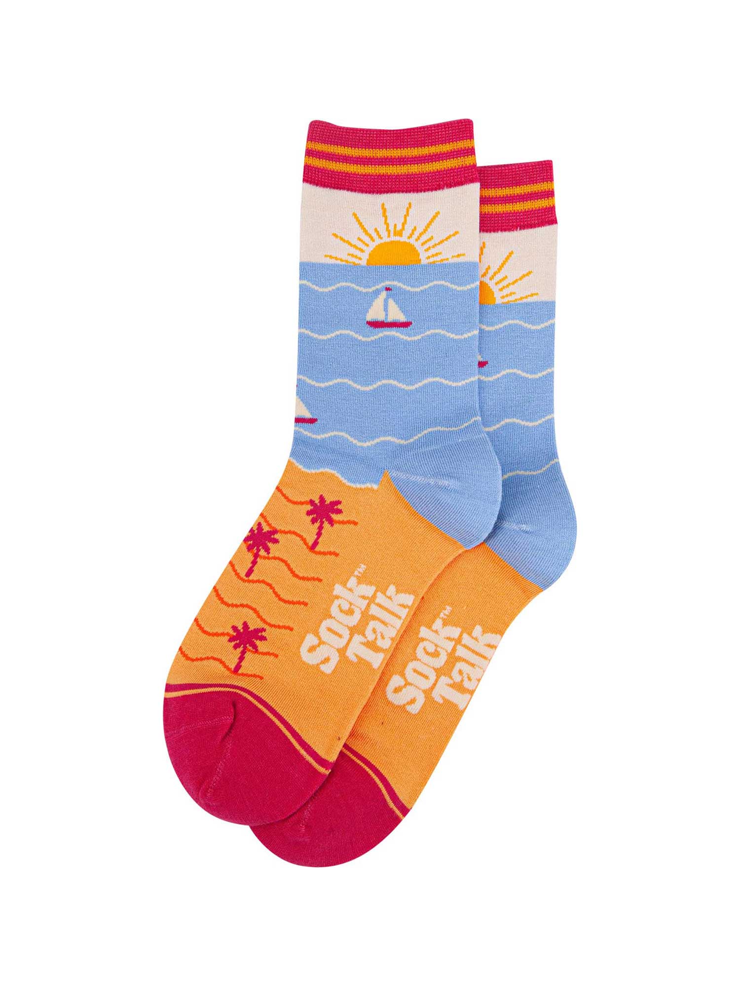 womens-bamboo-socks-cream-blue-beach-sunset-laying-flat-sunset-beach-pattern-covers-the-whole-design
