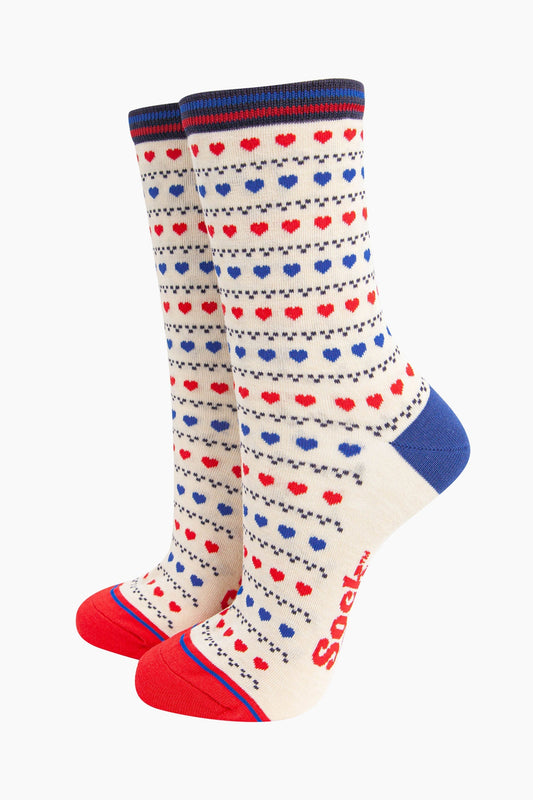 womens-bamboo-socks-cream-red-blue-heart-fair-isle-pattern-shows-a-repeating-love-heart-and-dot-pattern