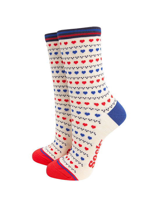 womens-bamboo-socks-cream-red-blue-heart-fair-isle-pattern-shows-a-repeating-love-heart-and-dot-pattern