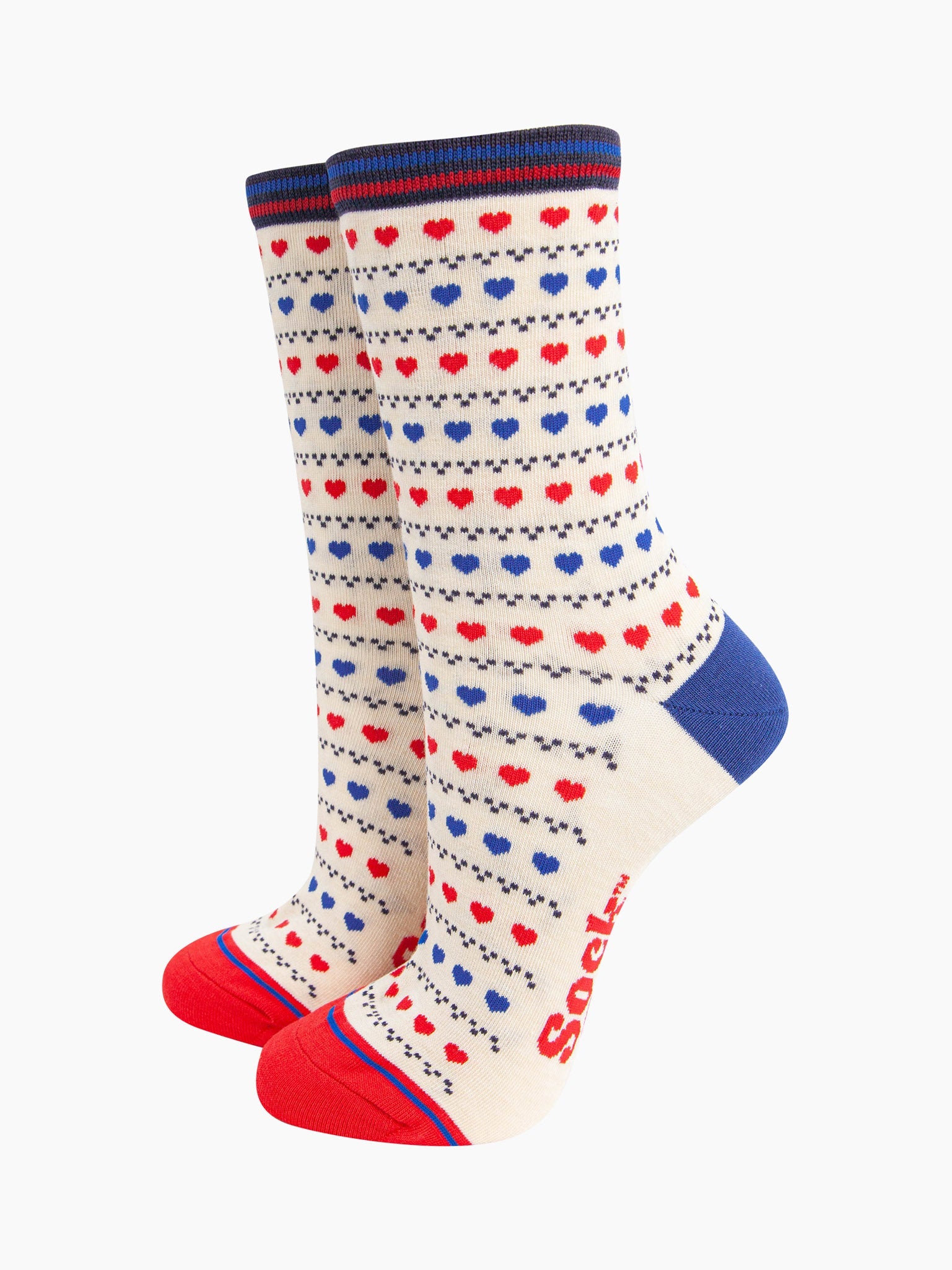 womens-bamboo-socks-cream-red-blue-heart-fair-isle-pattern-shows-a-repeating-love-heart-and-dot-pattern