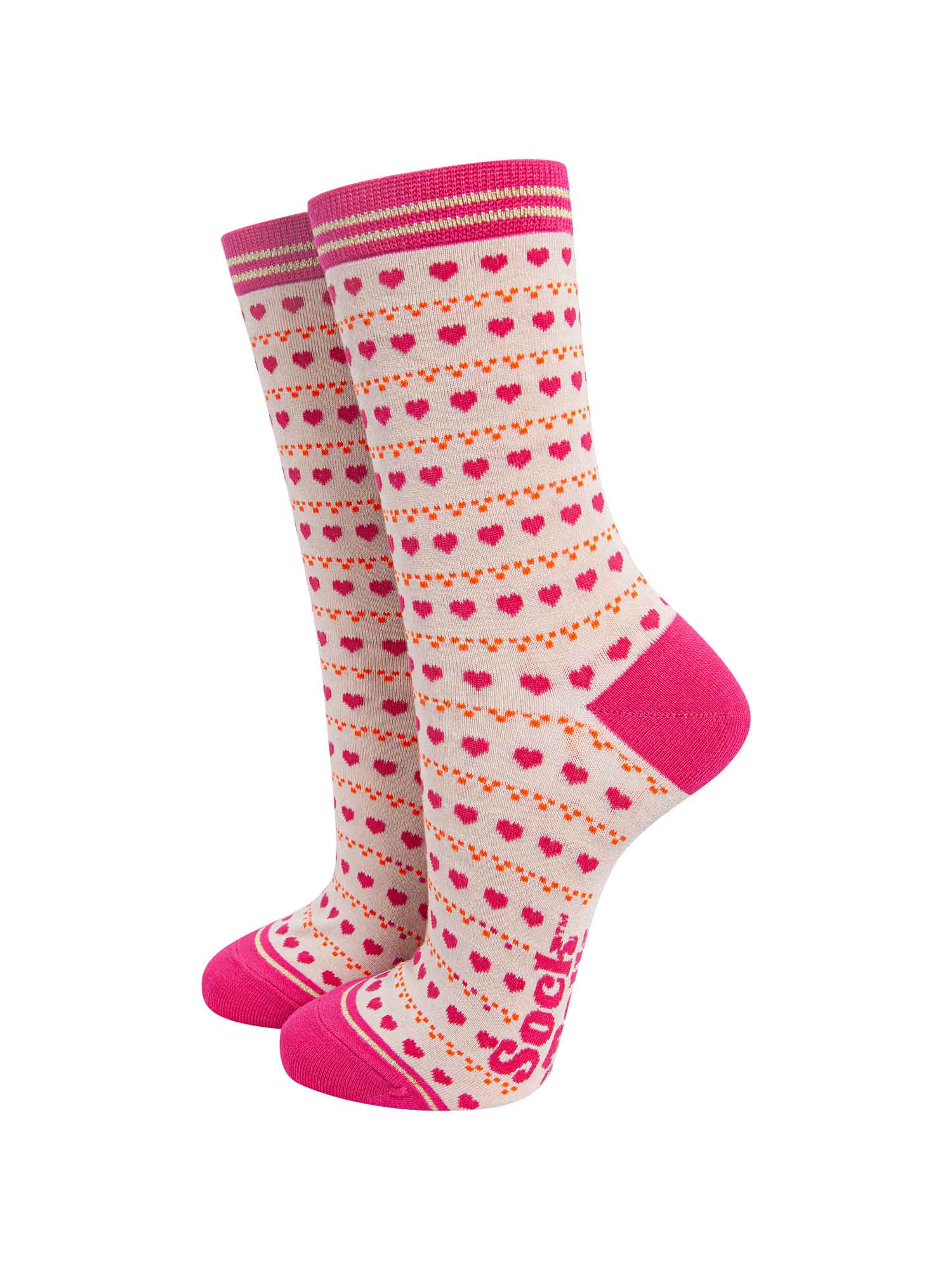 bamboo ankle socks with an all over pink love heart and orange dot pattern