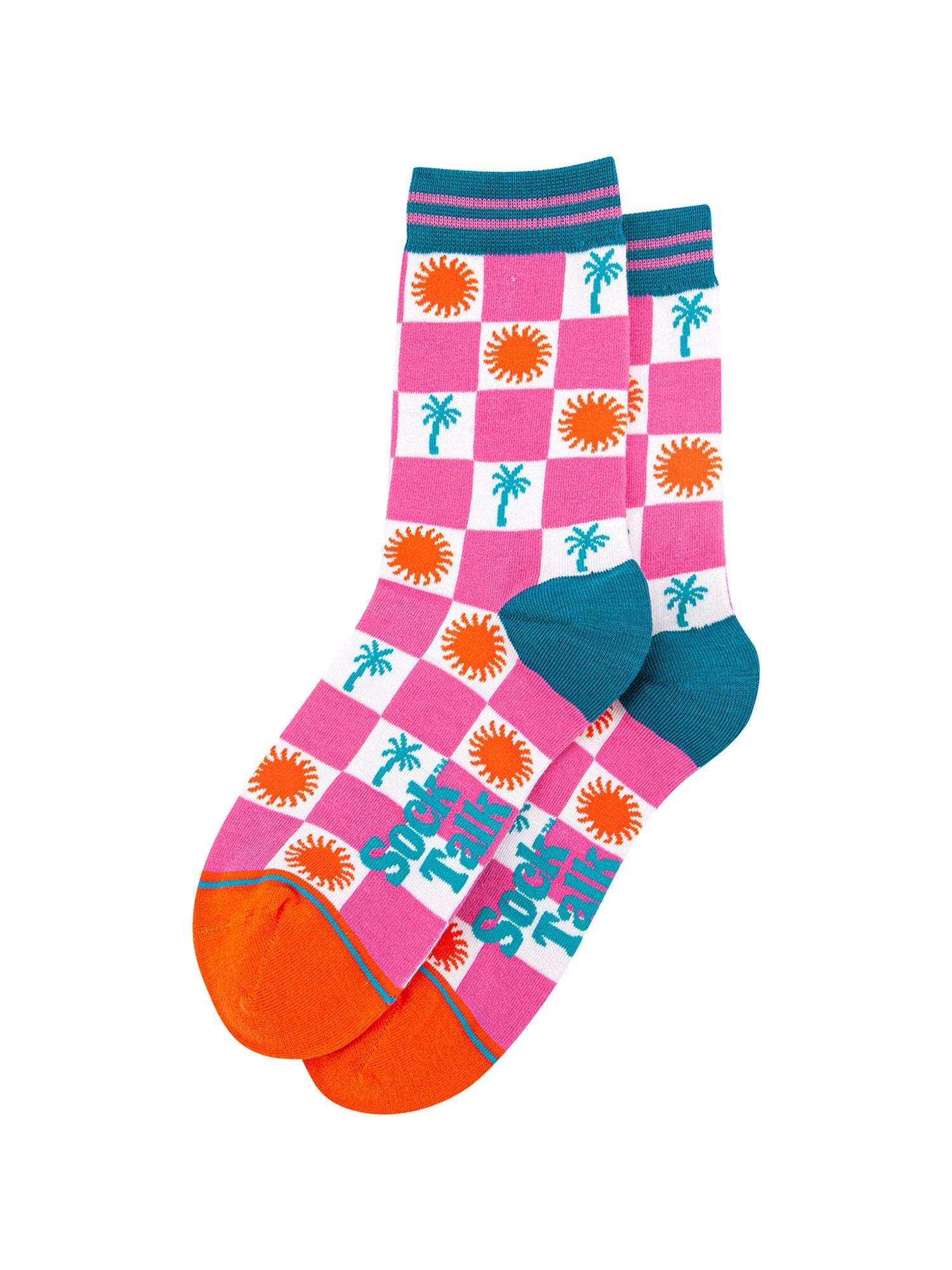 Palm-Tree-Sun-Checkerboard-Bamboo-Socks-in-Pink-Laid-Flat