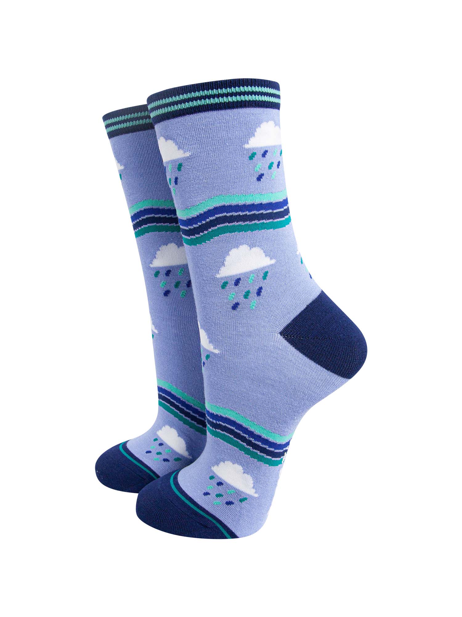blue bamboo socks featuring rain clouds and wavy stipes