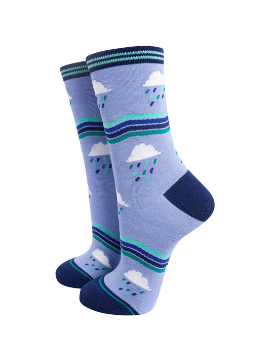 blue bamboo socks featuring rain clouds and wavy stipes