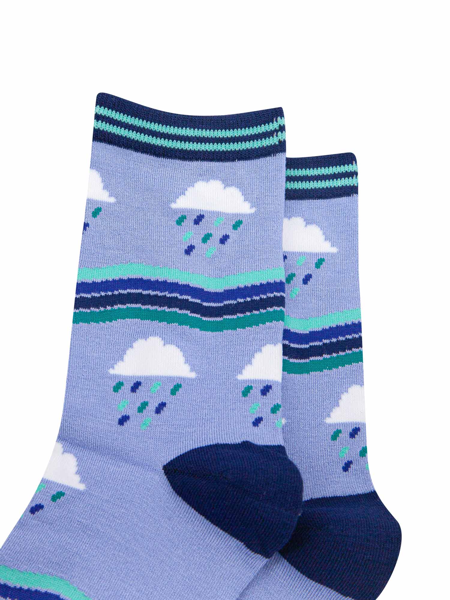close up of the all over rain cloud and stripe pattern and striped cuff detail
