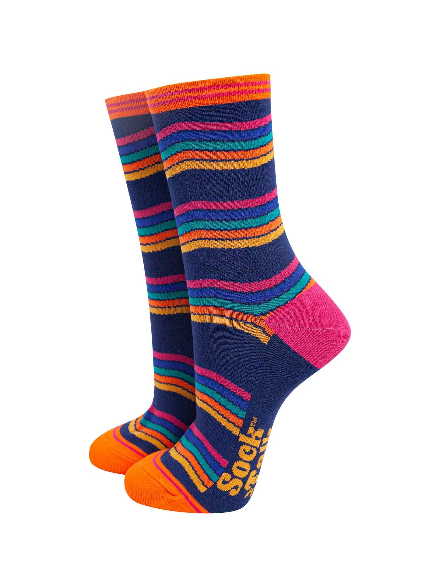 navy blue bamboo socks with a multicoloured wavy rainbow stripe pattern