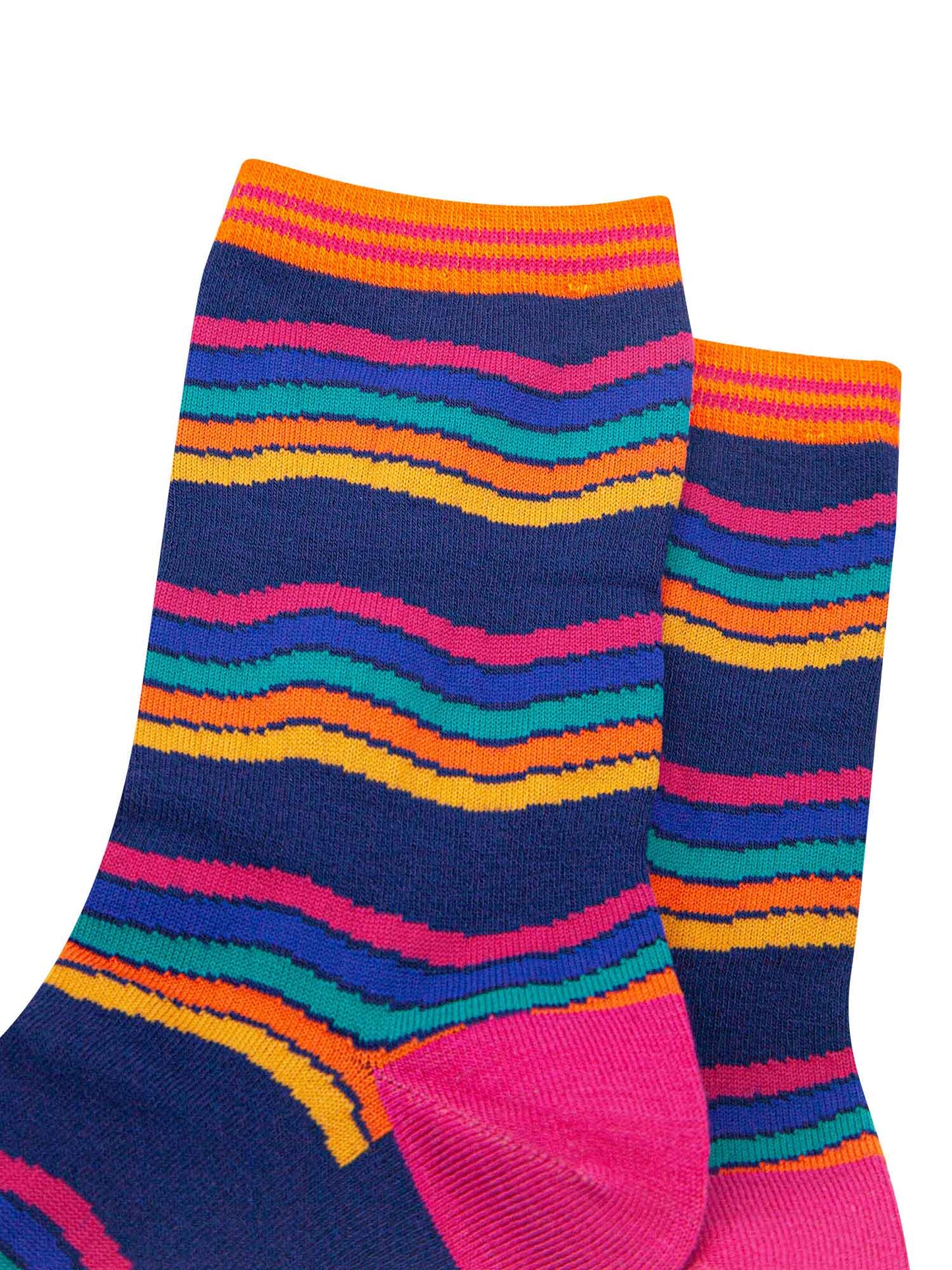 close up of the rainbow band stripe pattern, the rainbow stripes are pink, blue, turquoise, orange and yellow