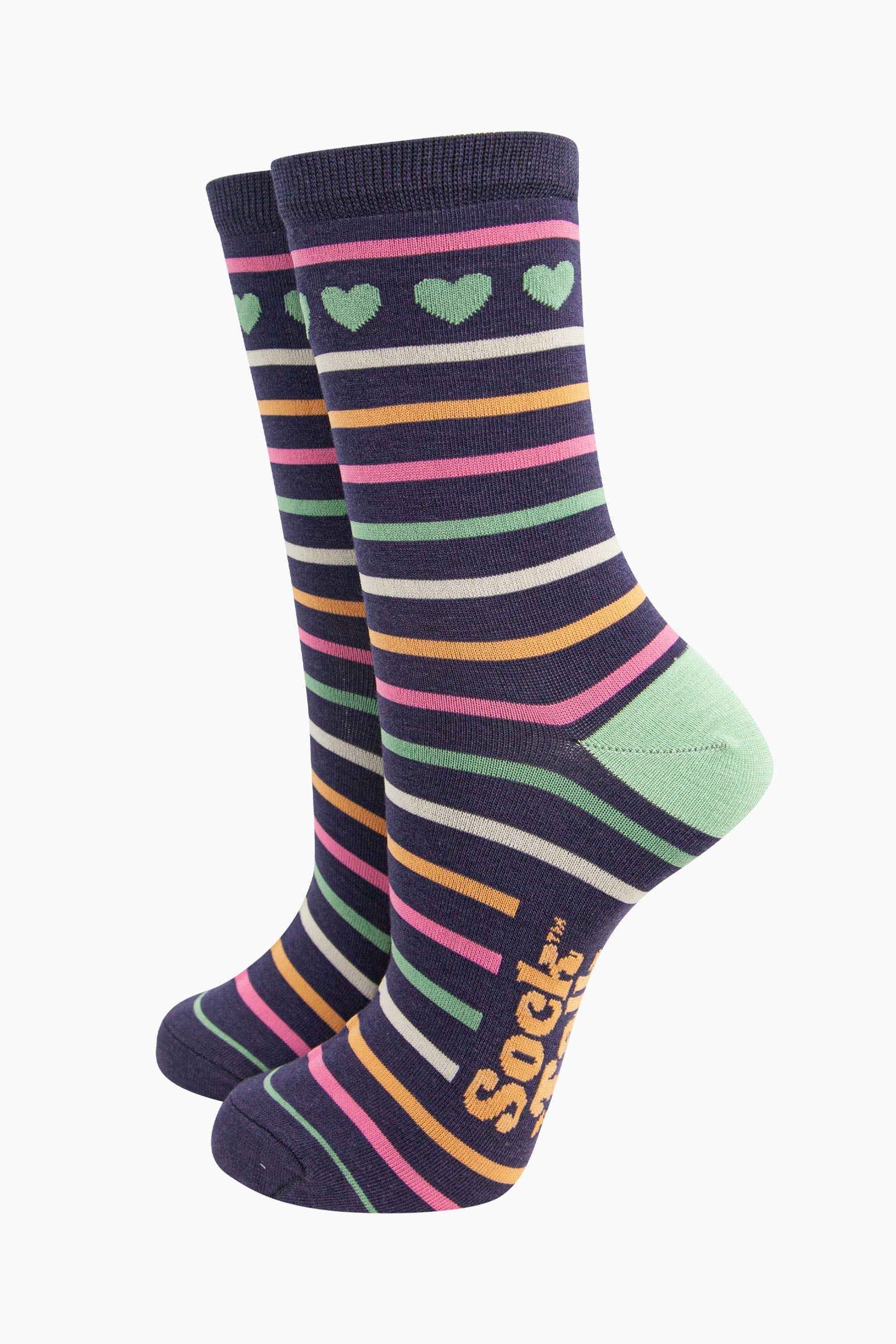 womens-bamboo-socks-navy-hearts-and-stripes-pattern-multicoloured-stripes-green-love-hearts-around-the-ankle