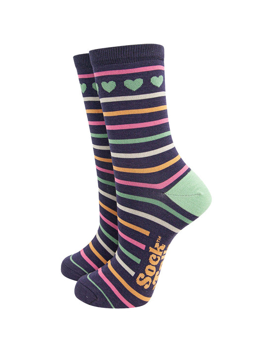 womens-bamboo-socks-navy-hearts-and-stripes-pattern-multicoloured-stripes-green-love-hearts-around-the-ankle