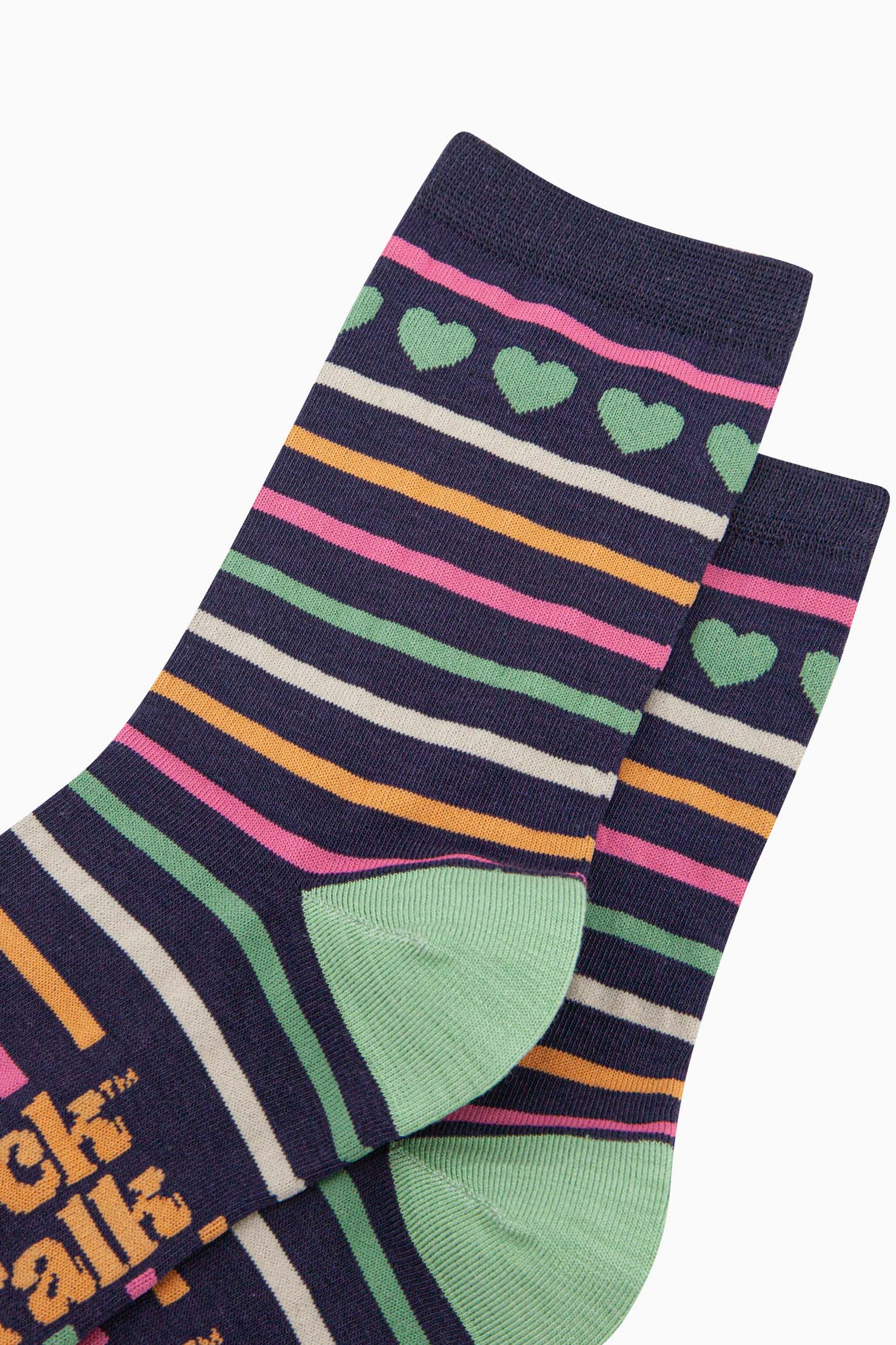 womens-bamboo-socks-navy-hearts-and-stripes-close-up-stripes-are-pink-green-white-orange-all-pastel-hearts-are-green