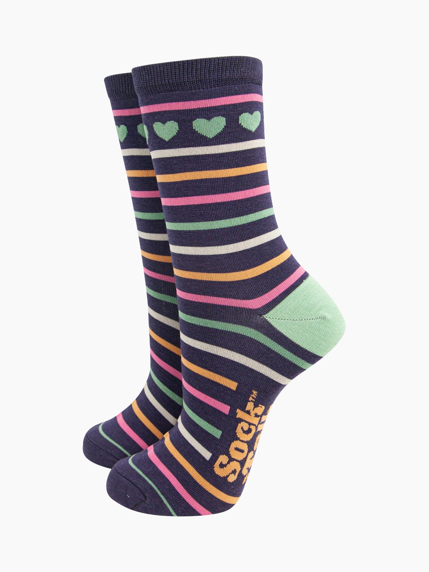 womens-bamboo-socks-navy-hearts-and-stripes-pattern-multicoloured-stripes-green-love-hearts-around-the-ankle