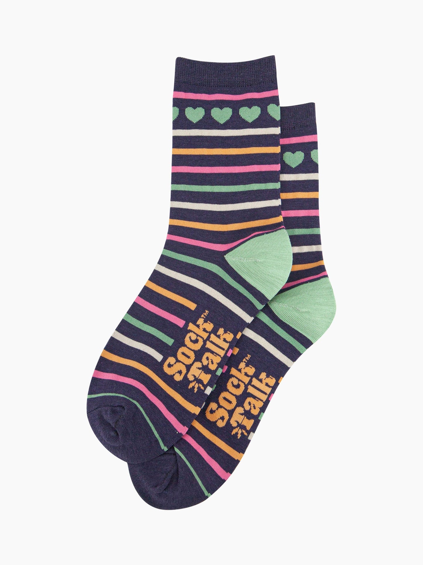 womens-bamboo-socks-navy-hearts-and-stripes-laying-flat-stripe-pattern-covers-the-socks-hearts-are-only-around-the-ankle