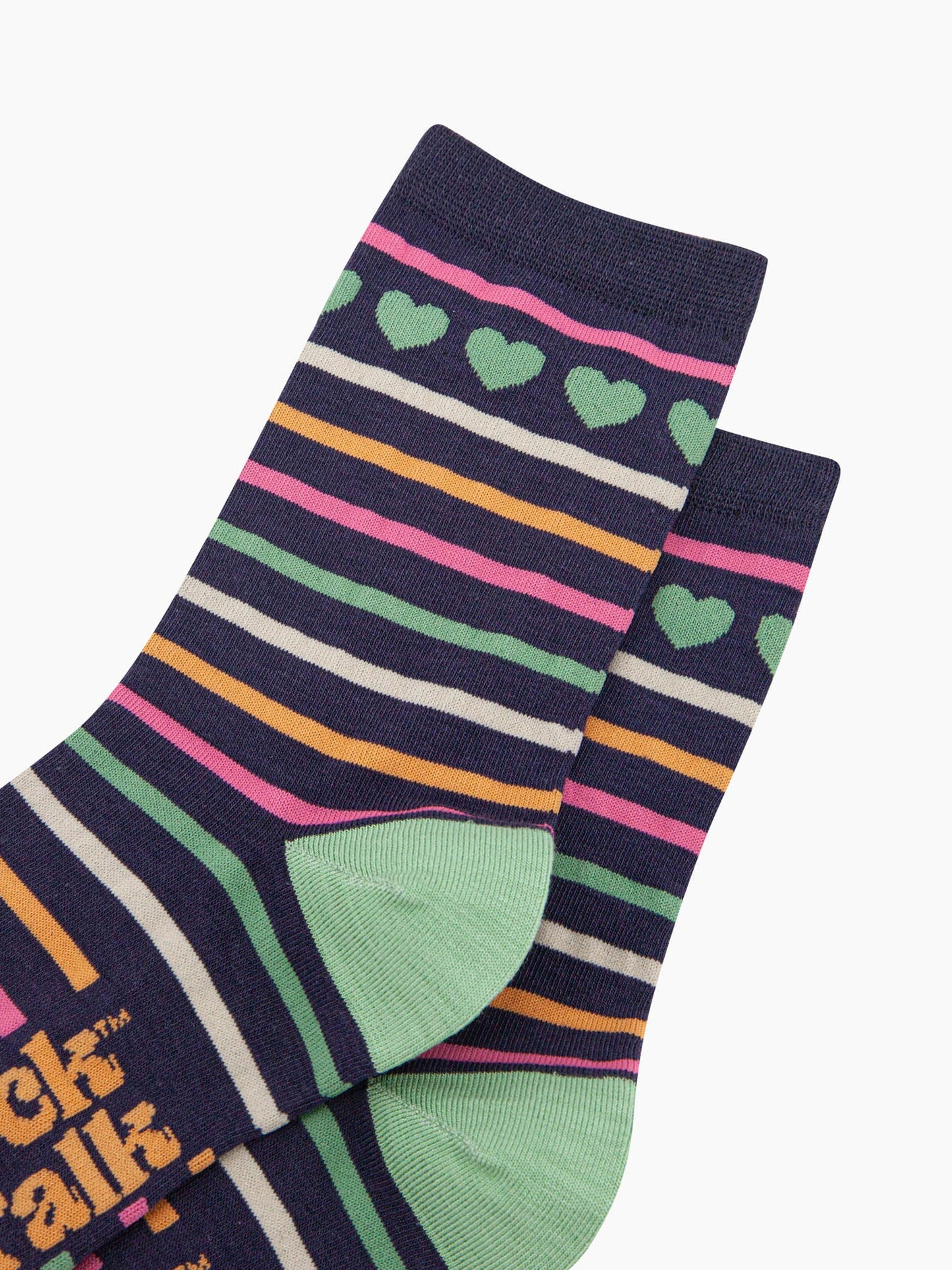 womens-bamboo-socks-navy-hearts-and-stripes-close-up-stripes-are-pink-green-white-orange-all-pastel-hearts-are-green