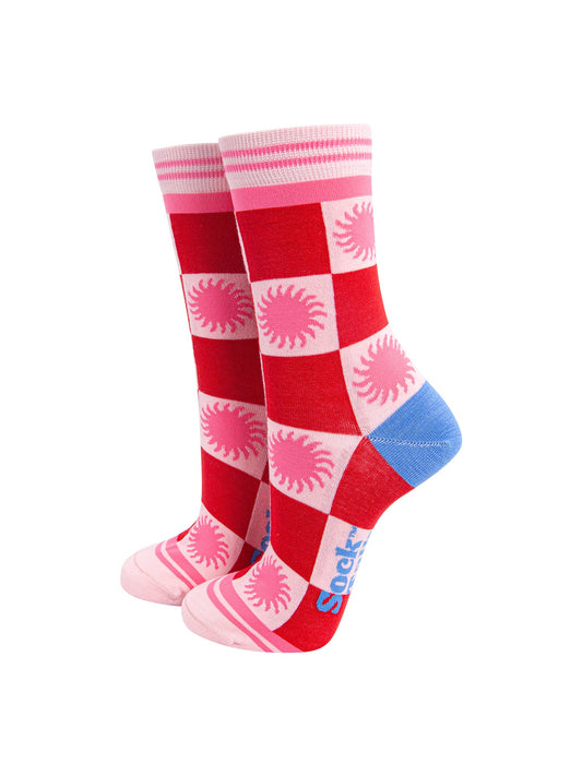 Sun-Checkerboard-Bamboo-Socks-in-Red/Pink-Mannequin