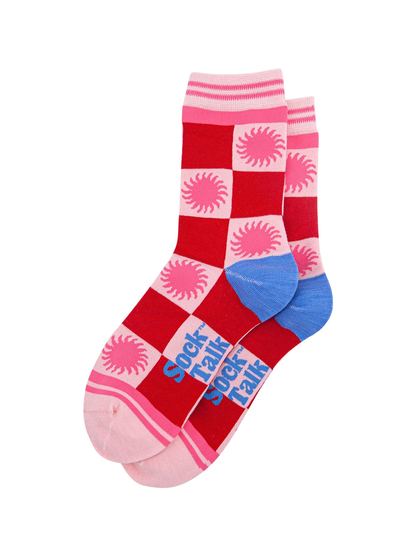 Sun-Checkerboard-Bamboo-Socks-in-Red/Pink-Lying-Flat